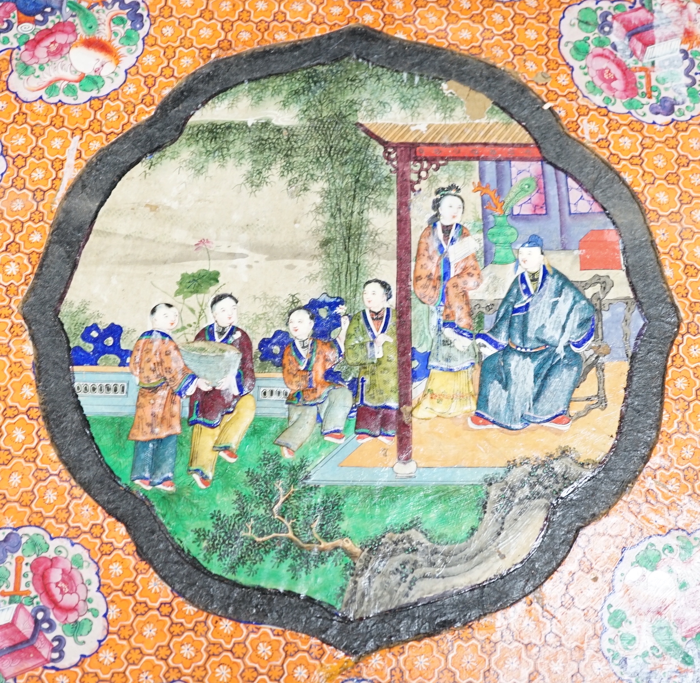 A 19th century Chinese painted panel, in a lacquered box, box 48 x 48cm Ivory Submission reference UW85TZQU